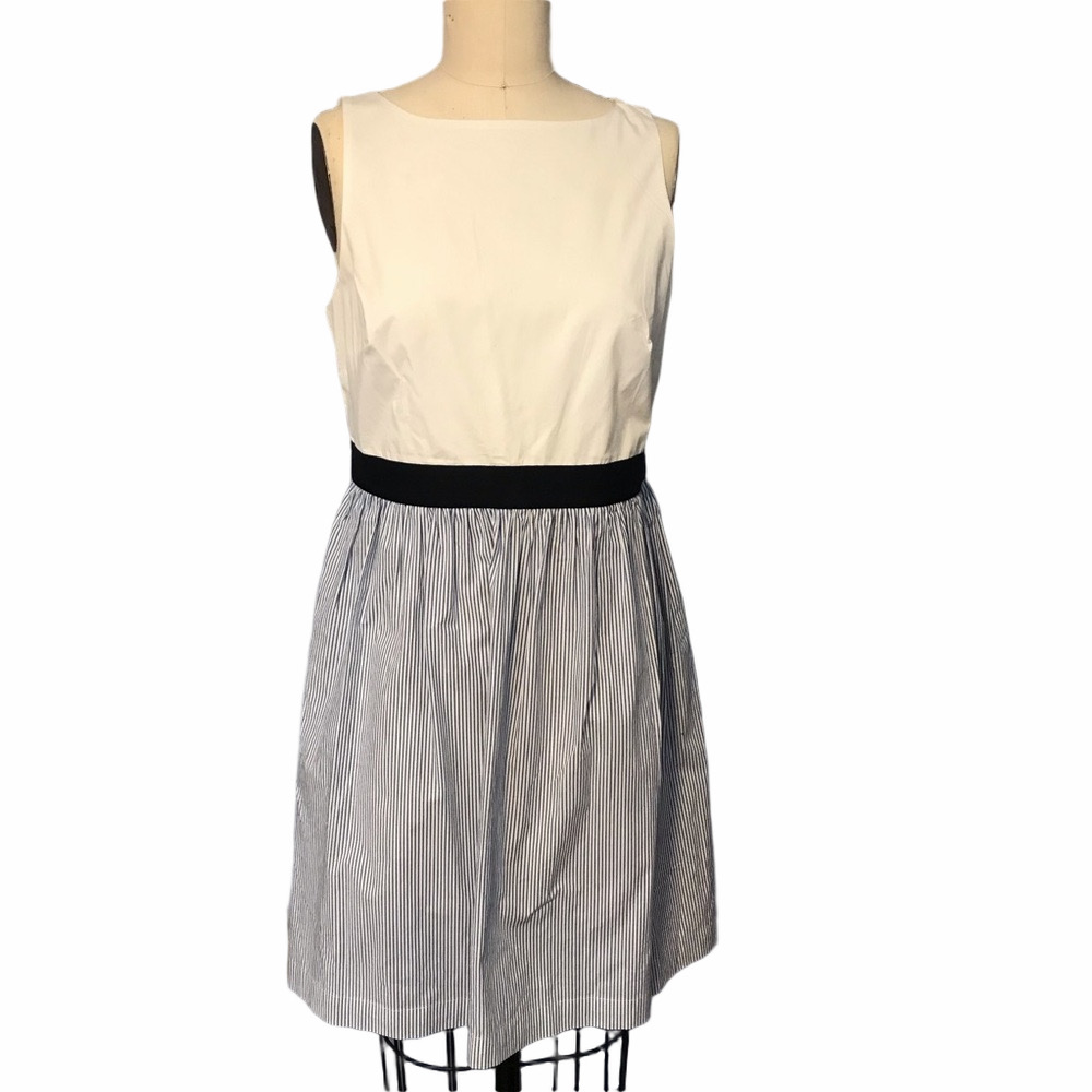 LOFT White & Blue Striped Midi Dress Zip Back Petite 4P